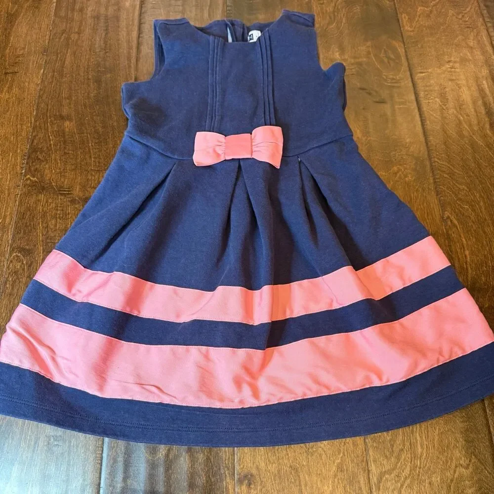 Janie and Jack Retro Resort Blue and Pink Bow Dress Girls size 5 Preppy Nautical